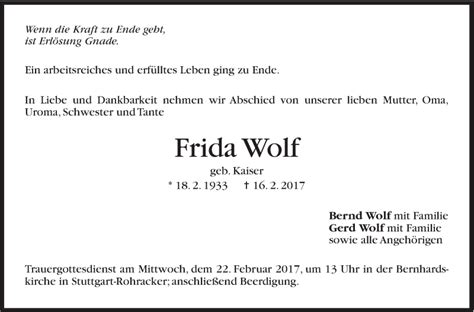 Traueranzeigen Von Frieda Wolf Stuttgart Gedenkt De