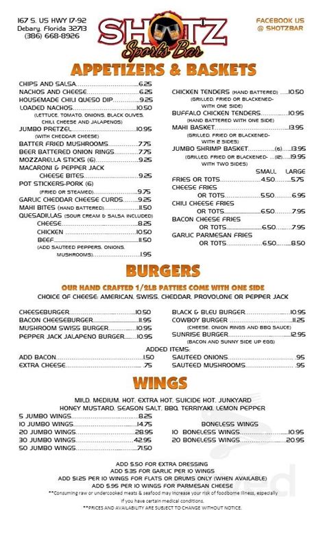 Shotz Menu In Debary Florida Usa