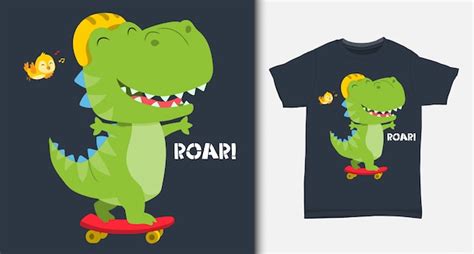 Premium Vector Cute Dinosaur Playing Skateboard With T Shirt Design