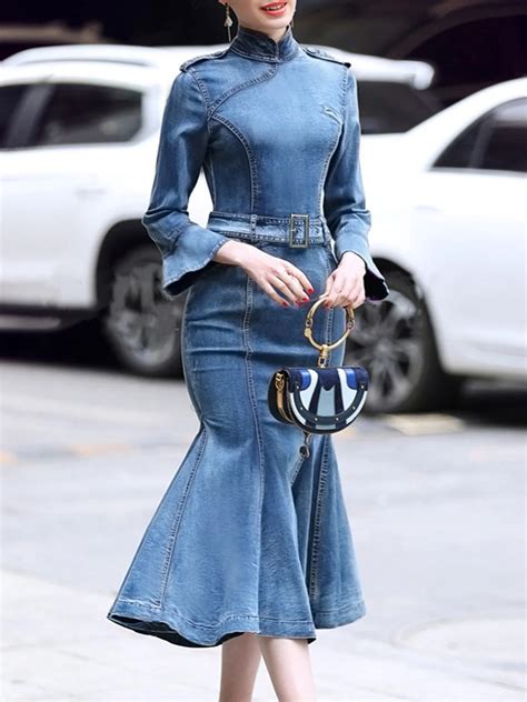 Stand Collar Elegant Plain Denim Dress Stylewe