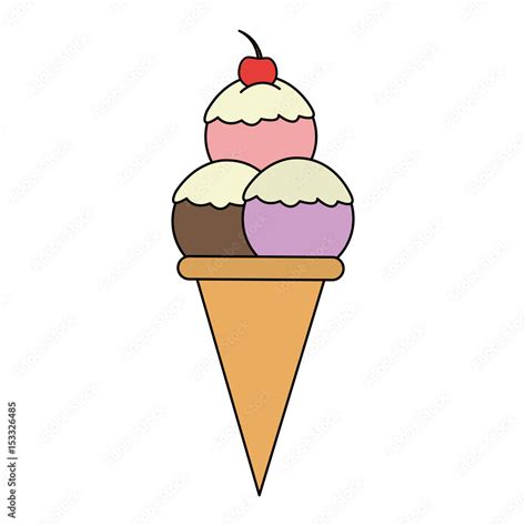 Color Image Cartoon Ice Cream Cone With Three Balls And Cherry Vector