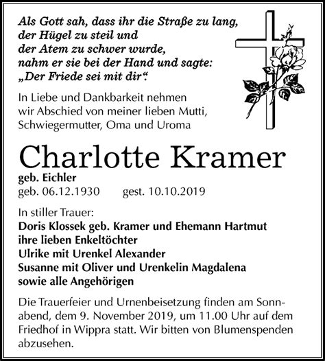 Traueranzeigen Von Charlotte Kramer Abschied Nehmen De