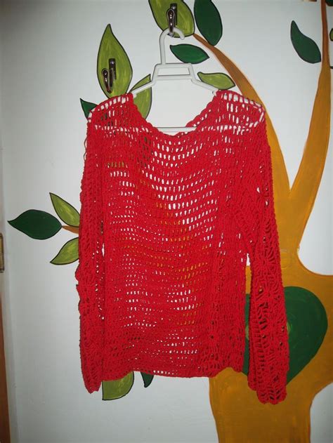 Remera Al Crochet Mangas Largas Tejida En Hilo De Algodon Rojo Mangas