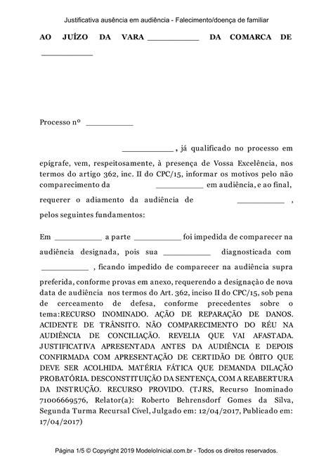 Modelo Justificativa ausência em audiência Falecimento doença de familiar