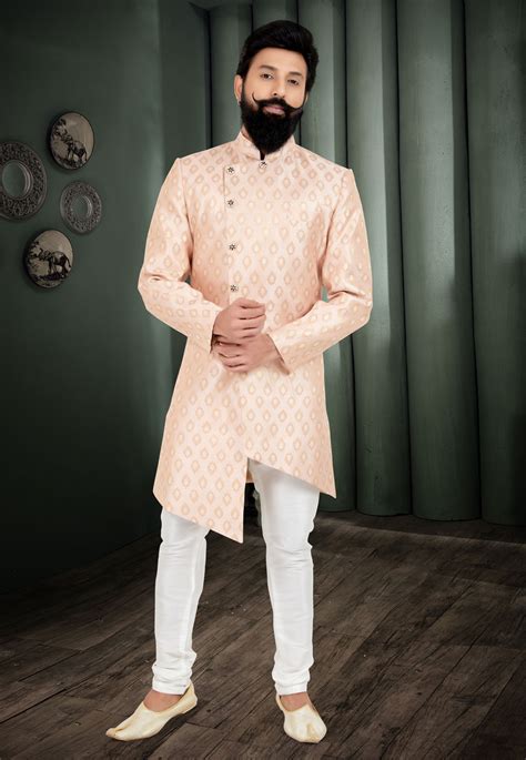 Peach Jacquard Silk Indo Western Suit