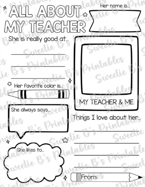 Instant Download All About My Teacher Printable Teacher Appreciation Printable Teacher