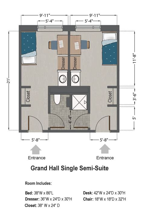 Grand Hall Single Semi Suite 2 Person Room Dorm Room Layouts Dorm