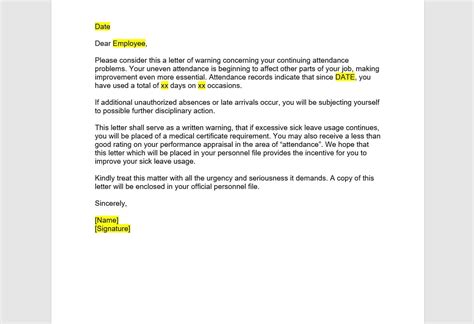 Employee Unauthorized Absence Warning Letter Employee Unauthorized Absence Warning Letter