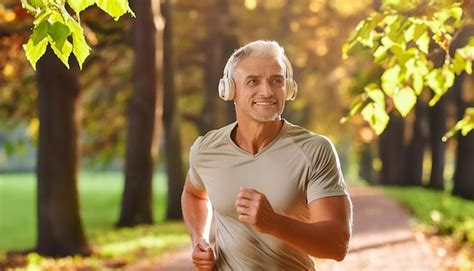 Mature Man Running In The Park With Headphones Premium AI Generated Image