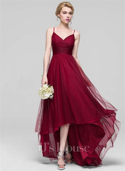 A Line Princess V Neck Asymmetrical Tulle Bridesmaid Dress With Ruffle