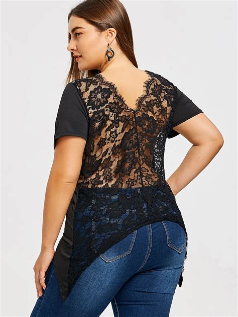 Wipalo Plus Size Asymmetrical Lace T Shirt Black Sexy T Shirts Women T Shirts Plus Size Lace