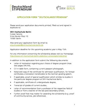 Fillable Online Application Form Deutschlandstipendium Srh Hochschule