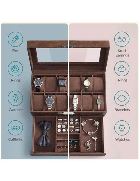 Caja De Reloj Ranuras Songmics Con Cerradura Con Tapa De Cristal Marron