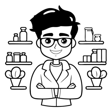 Farmacista Con Abrigo Blanco Y Gafas Al Estilo De Dibujos Animados