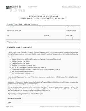 Fillable Online Reimbursement Agreement Desjardins Life Insurance Fax