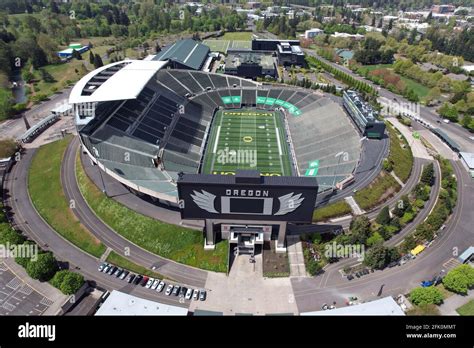 An aerial view of Autzen Stadium on the campus of the University of ...