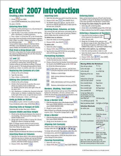 Microsoft Excel 2007 Introduction Quick Reference Guide Cheat Sheet Of