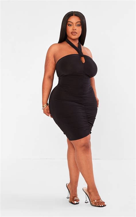 Plus Black Key Hole Halterneck Bodycon Dress Plus Size Prettylittlething Usa