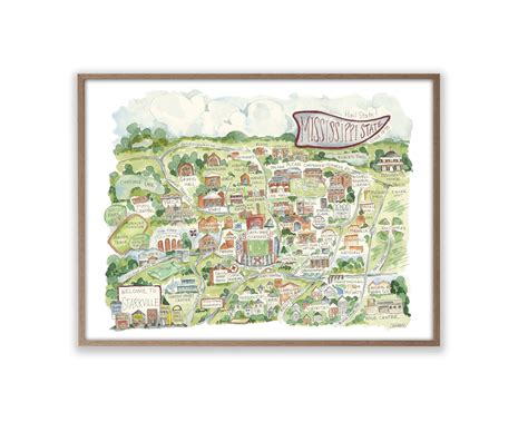 Onimhouse Poster Mississippi State Campus Map Watercolor Art Print