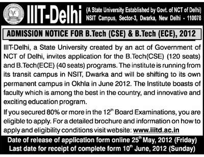 IIIT-Delhi Admission Notice for BTech-2012 courses - Atmiya Vidya Mandir 