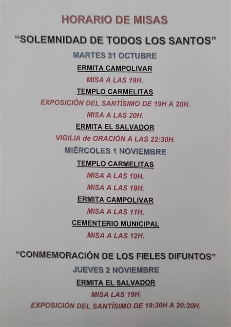 Horarios Todos Los Santos Y Fieles Difuntos Salvador Y Desamparados