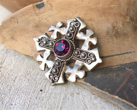 Vintage Sterling Silver Jerusalem Cross Pendant Brooch With Purple