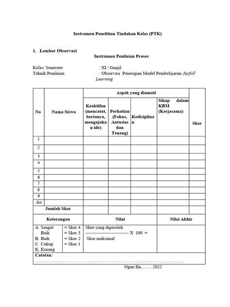 Instrumen Penilaian Ptk Pdf