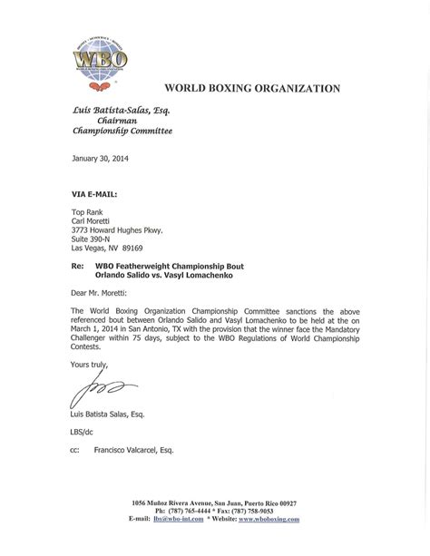 Wbo Orlando Salido Vs Vasyl Lomachenko Sanction Letter Wbo