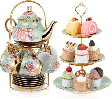 Maxcheck 21 Pcs European Ceramic Tea Set With Metal Holder And 3 Tier