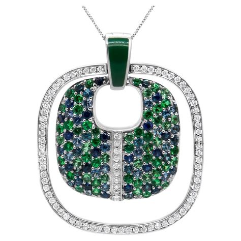 Sterling Silver Green Enamel 12ct Diamond Sapphire And Tsavorite Pendant Necklace For Sale At