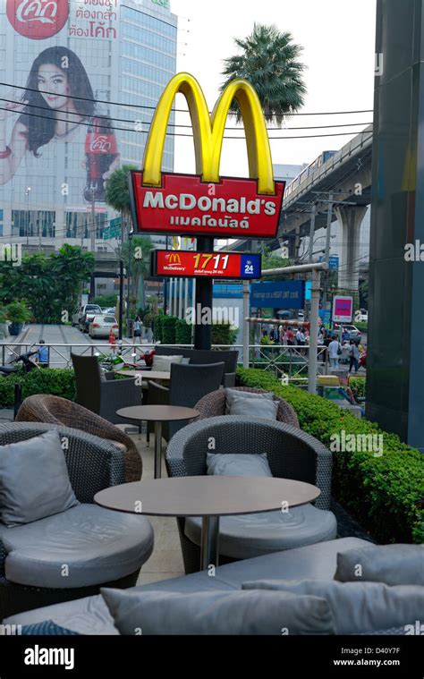 Outdoor Dining Tables At Mcdonalds Fast Food Service And Sign In