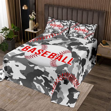 Yst Kids Baseball Queen Quilt Set Grey White Camo Coverlet Set Boys