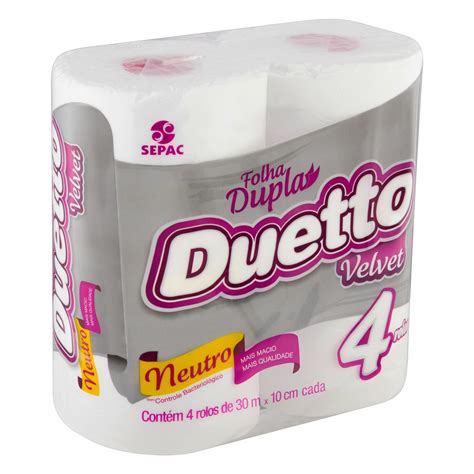 Papel Higiênico Folha Dupla Neutro Duetto Velvet 30m Pacote 4 Unidades