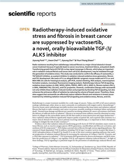 Pdf Radiotherapy Induced Oxidative Stress And Fibrosis In Breast