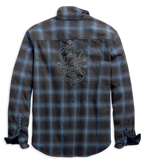 Harley Davidson® Mens Plaid Oak Leaf Slim Fit Long Sleeve Shirt Blue