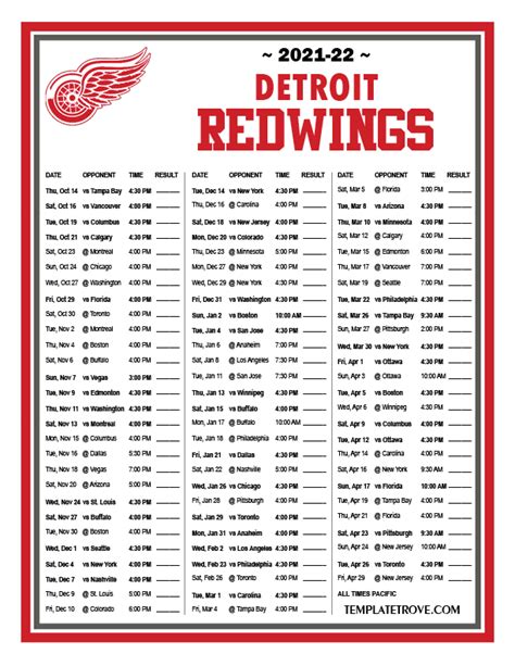 Printable 2021-2022 Detroit Red Wings Schedule