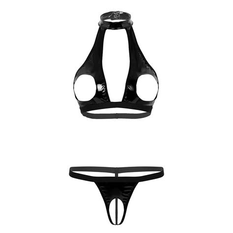 Buy Woman Wet Look Piece Lingerie Set Pvc Leather Hollow Bikini Bra Crop Top Mini Thong