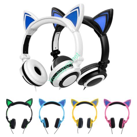 Cat Ear black с синей подсветкой. Складные наушники кошачьи ушки ...