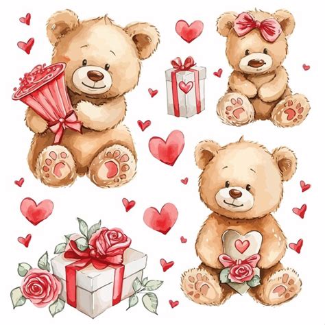 Premium Vector Teddybearlovesetcupidtrosesflowers