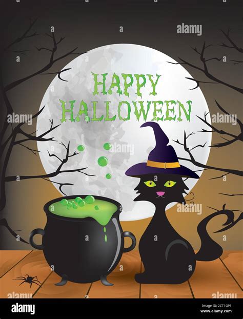 Happy Halloween Card With Cauldron And Cat Vector Stock Vector Image