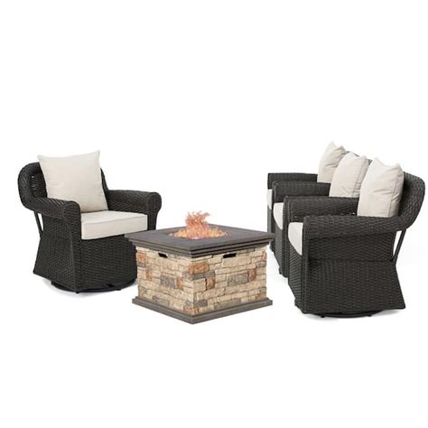 Noble House Piece Faux Rattan Patio Fire Pit Conversation Set With