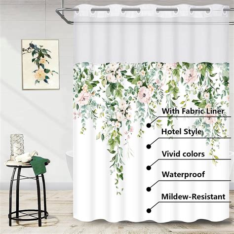 Ikfashoni Heavy Duty Hookless Shower Curtain With Snap In Liner Green Leaf Waterproof Fabric