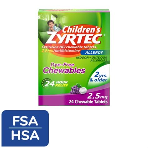 Childrens Zyrtec 24 Hour Allergy Relief Dye Free Chewable Tablets