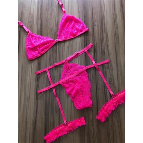 Conjunto Lingerie Renda Gladiadora Completo Sexy Luxo Neon Shopee Brasil