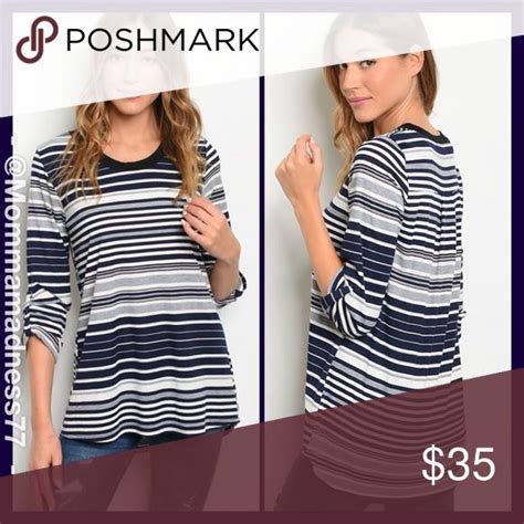 ️”5🌟s X3 Navy And White Stripe Top Clothes Design Ribbed Tunic Top