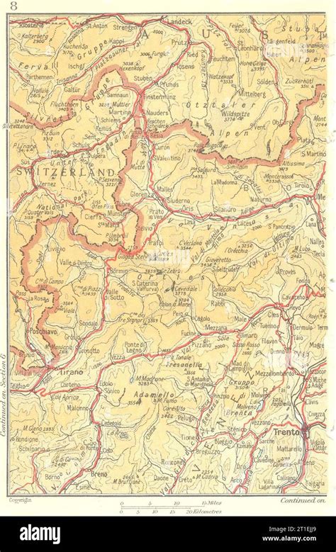 Italy Switzerland Austria Tirano Trento 1953 Old Vintage Map Plan