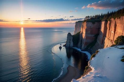 Premium AI Image | A sunset over the ocean with a cliff and the sun setting over the ocean.