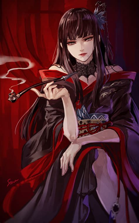 Safebooru 1girl Absurdres Bangs Bare Shoulders Black Hair Black Kimono Blue Flower Blunt Bangs