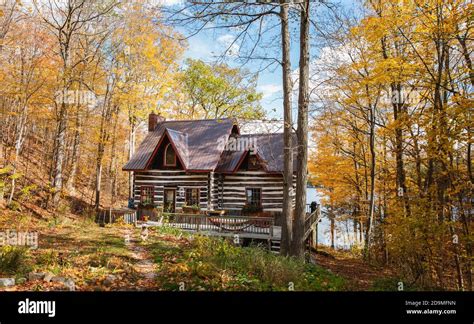 Log Cabin Cottage In The Woods In Ontario Canada On A Fall Day Stock