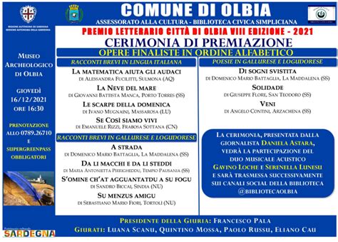 Finalisti Premio Letterario Città di Olbia VIII Edizione Comune di